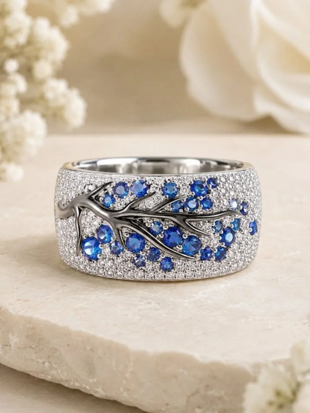 Silver Plum Tree Branch Blue Crystal Statement Ring Micro Pave Sz 7 NWT